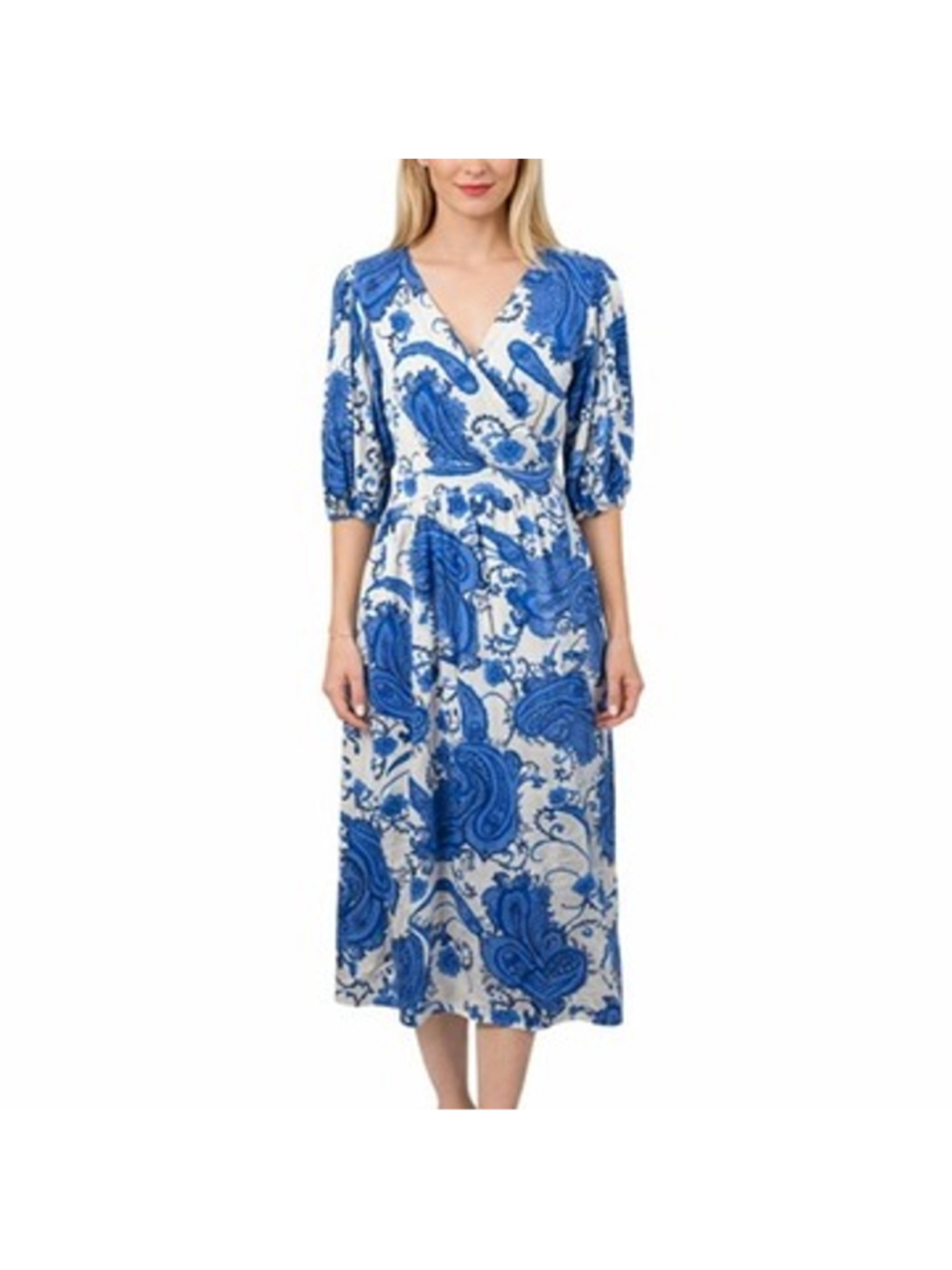 White Closet Blue Floral Paisley Puff Sleeve Midi Dress V-Neck Wrap Boho Size L